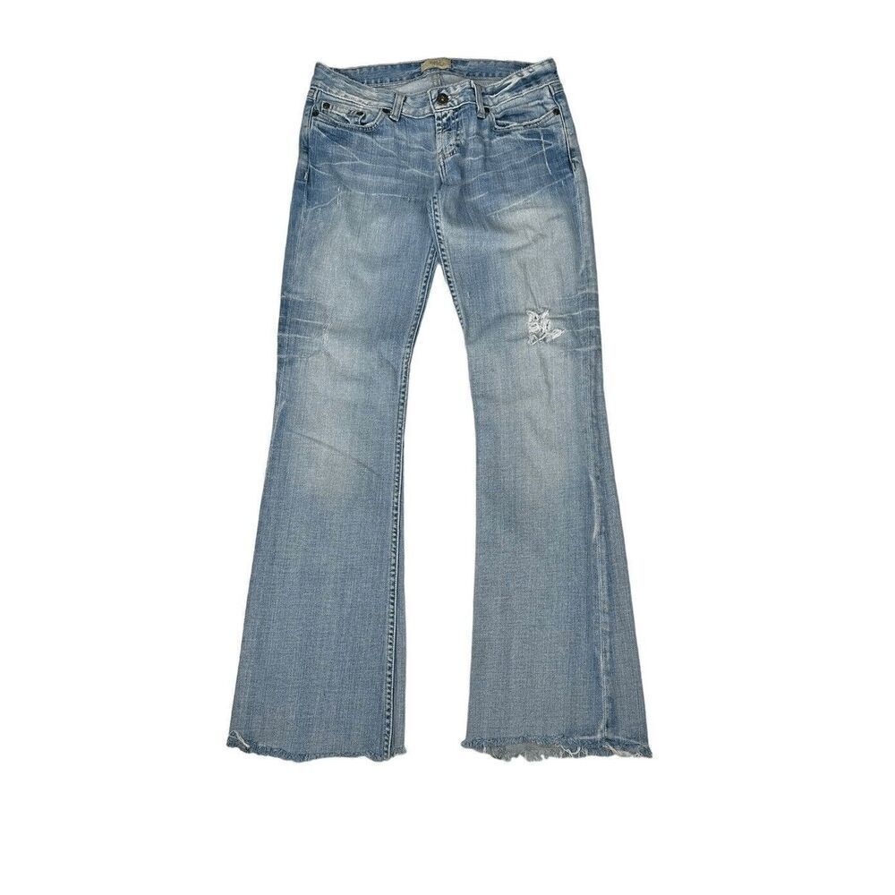 BKE Vintage Buckle Boot Cut Frayed Hem Distressed Light Wash Jeans Size 27/28